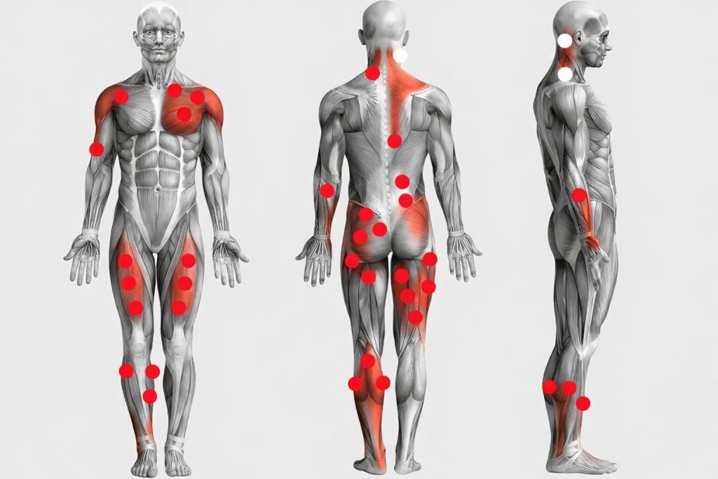Human muscle system with muscle knot highlights
